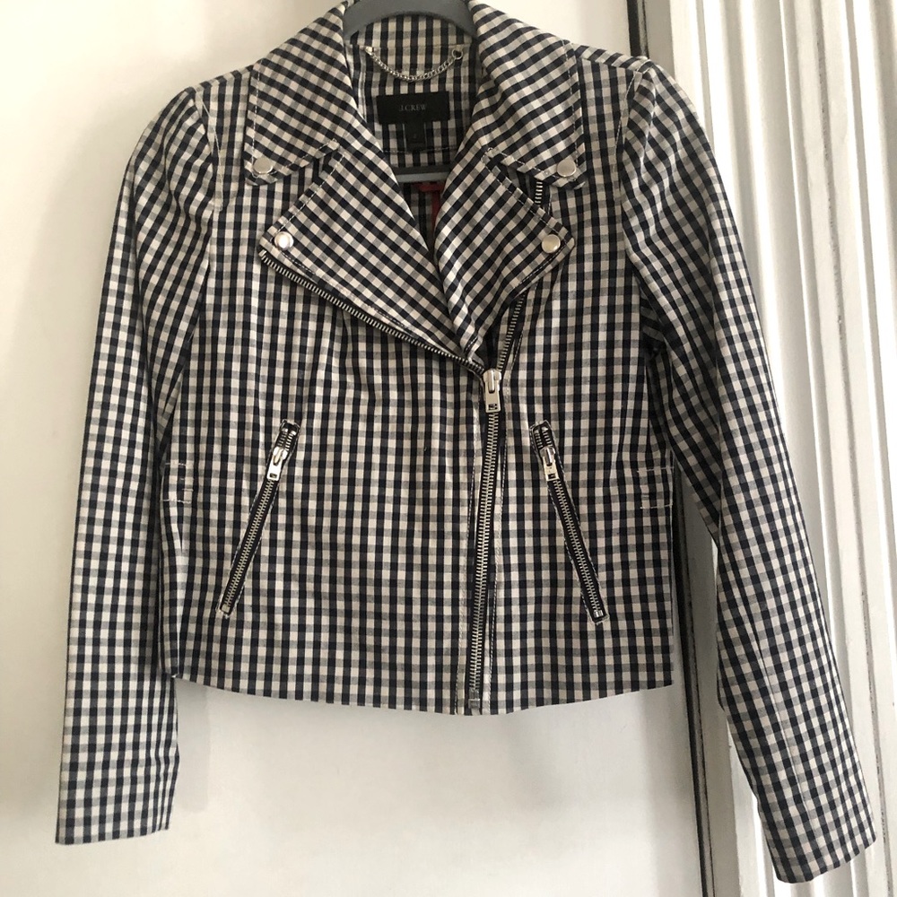 J. Crew Gingham Cropped Moto Jacket